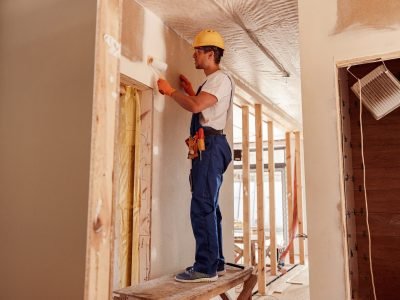 Handsome young man in safety helmet and work overalls painting wall with paint roller