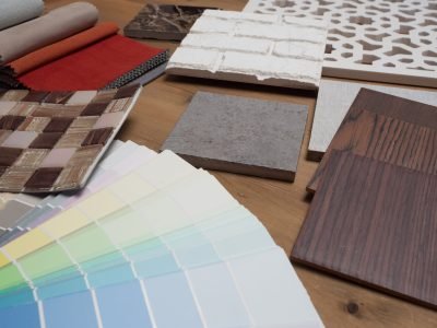 Samples of material, wood , on concrete table.Interior design select material for idea. Decoration idea concept vintage material.